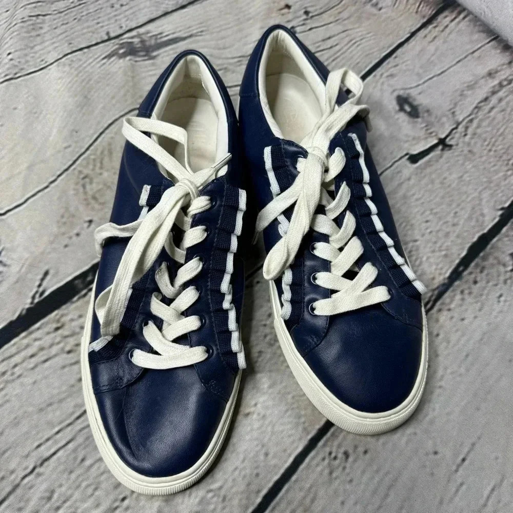 Tory Burch Sport Women’s Blue/White Ruffled Leather Sneaker Shoes size 9
